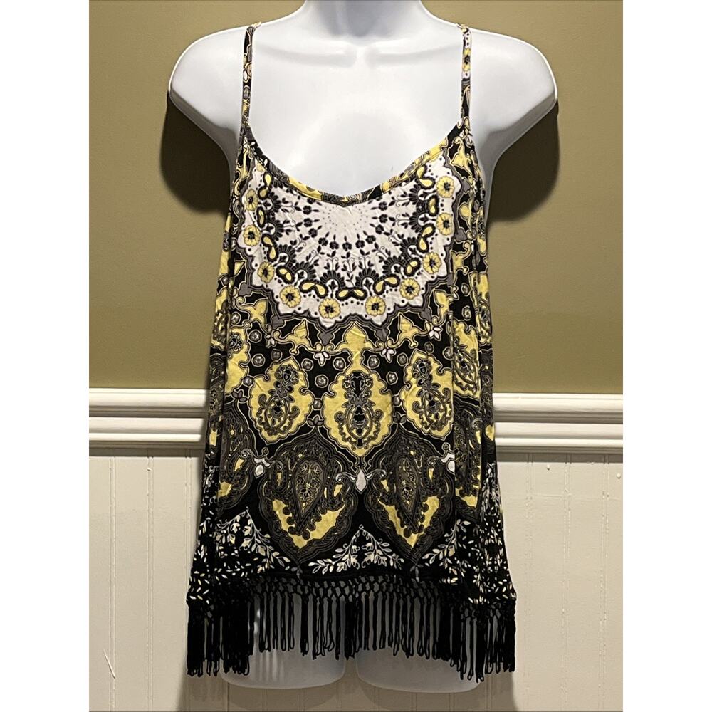INC Racerback Fringe Hem Top – Colorful Yellow Black Boho Tank – Women’s XL